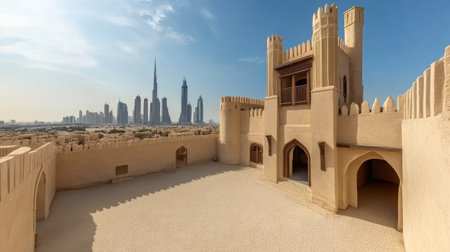 Stunning view of an ancient fortress against a modern skyline, showcasing the contrast between history and contemporary architecture in a desert landscape.の素材
