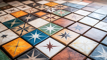Discover a vibrant geometric tile pattern perfect for enhancing home decor. This colorful design features various shapes and textures, adding creativity and charm.の素材