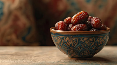 Vibrant close-up of exotic dates displayed in an intricately designed bowl, showcasing rich colors and textures that enhance the allure of this natural fruit.の素材