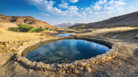 A stunning oasis surrounded by arid land, showcasing a tranquil body of water reflecting the sky. Ideal for nature and travel themes.の素材