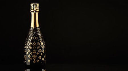 This artistic image features an elegant champagne bottle with intricate golden designs against a stunning black background, perfect for festive celebrations.の素材