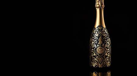 Stunning champagne bottle with intricate gold detailing against a sleek black backdrop, perfect for celebrations and upscale events. Capture luxury and elegance.の素材