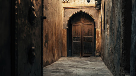 A captivating view of a serene passageway featuring wooden doors in a historic setting, showcasing rich textures and warm sunlight. Ideal for travel and architecture themes.の素材