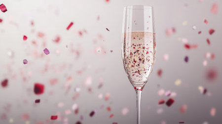 A stunning glass filled with a sparkling drink and surrounded by colorful confetti, perfect for festive celebrations and elegant occasions.の素材