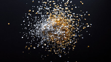 A close-up image capturing glittering dust in various colors on a black background, perfect for creative projects, celebrations, or artistic designs.の素材