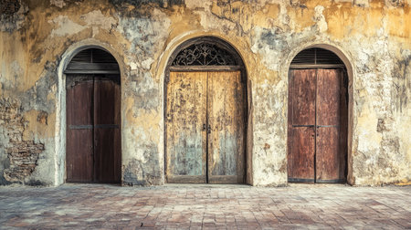 Captivating image of three weathered wooden doors set against a textured wall, showcasing rustic architecture and historical elements. Ideal for vintage themes.の素材