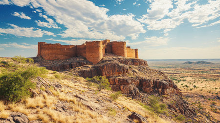 Explore the breathtaking view of an ancient fortress perched on a rocky mountain, surrounded by vast desert landscapes and dramatic skies, perfect for travel lovers.の素材