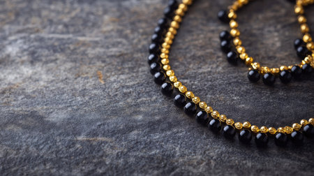 A stunning display of black and gold beaded necklaces showcasing elegance and luxury. Perfect for fashion accessories and jewelry enthusiasts.の素材
