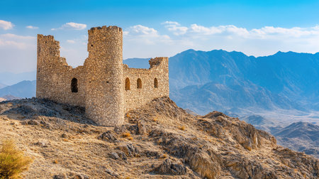 Explore the breathtaking view of ancient stone ruins perched on a rugged mountain ridge, surrounded by vast landscapes and blue skies, perfect for outdoor enthusiasts.の素材