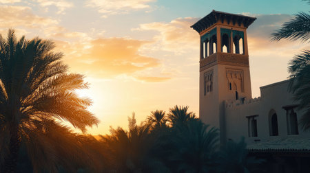 Beautiful sunset view featuring an ancient tower surrounded by palm trees, capturing the serene atmosphere of an oasis landscape bathed in warm colors.の素材