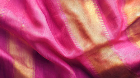 This vibrant fabric features rich pink and gold colors, showcasing intricate texture and drapery. Perfect for design inspirations and artistic projects.の素材