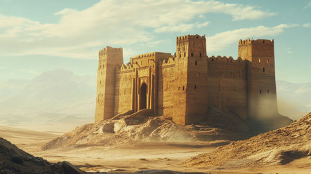 A stunning castle stands proudly in a vast desert landscape, showcasing ancient architecture against a backdrop of mountains and clear skies. Perfect for travel themes.の素材