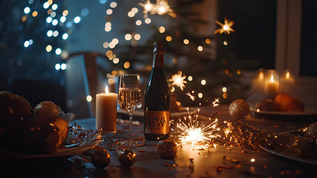 A beautiful festive scene showcasing sparkling wine, glasses, and festive decorations. The warm glow of candles and enchanting lights create a joyful atmosphere for celebration.の素材