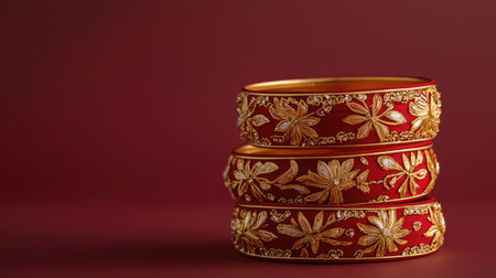 Discover the beauty of elegant red bangles featuring intricate floral embroidery, perfect for cultural celebrations and festive occasions.の素材