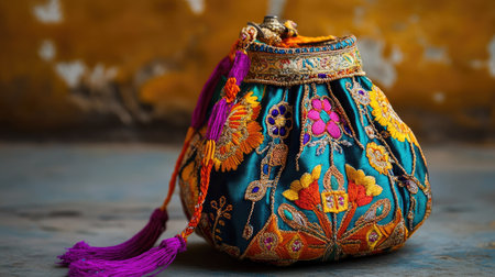Explore the beauty of this vibrant embroidered silk purse, featuring intricate designs and decorative tassels. Perfect for adding a chic touch to any outfit.の素材
