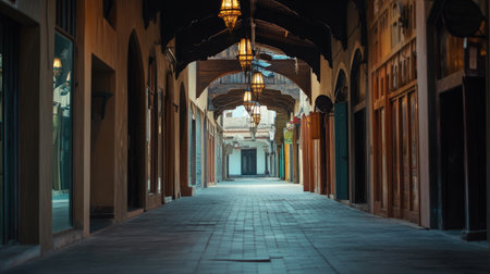 Explore the tranquil beauty of a traditional marketplace archway, featuring elegant lanterns and captivating symmetry in a serene urban setting.の素材