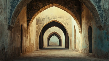Explore the elegance of an abandoned historic structure featuring serene archways bathed in warm light, creating a tranquil and picturesque scene.の素材