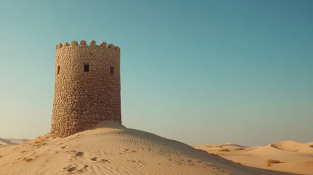 A majestic stone tower stands tall amidst the vast sandy dunes under a clear blue sky, offering a serene view of the desert landscape, perfect for exploration.の素材