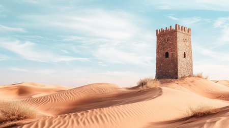 A striking tower stands alone amid golden sand dunes under a blue sky. This serene desert landscape captures the beauty of solitude and nature's patterns.の素材