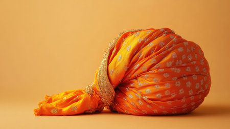 A beautifully draped orange turban rests against a soft background, showcasing intricate patterns and a vibrant hue that celebrates traditional attire and culture.の素材