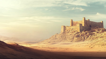 A stunning view of an ancient castle set against a vast desert landscape. The scene captures the beauty of architecture in nature, showcasing serene mountains and a clear sky.の素材