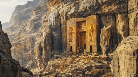 Explore an ancient carved structure nestled in a rocky cliff, showcasing intricate designs and historical significance amid a stunning desert landscape.の素材