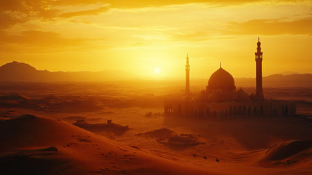 Experience the serene beauty of a majestic mosque silhouetted against a stunning sunset in the desert. Perfect for travel and cultural themes.の素材