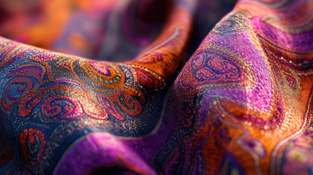 Close-up view of vibrant textile featuring intricate paisley patterns. Showcase of rich colors and luxurious texture ideal for creative projects.の素材