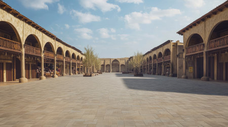 A serene marketplace featuring arched architecture under a bright blue sky. This spacious courtyard invites exploration and showcases historical beauty.の素材