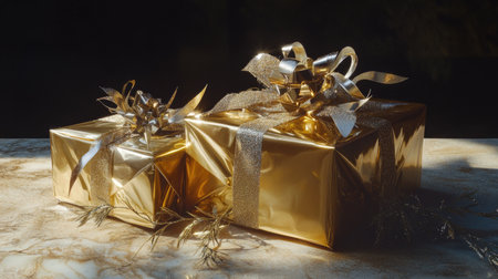 These beautifully wrapped golden gift boxes with elegant ribbons are perfect for any festive occasion, adding a touch of luxury and joy to your celebrations.の素材