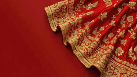 A striking red fabric featuring intricate golden floral patterns, perfect for showcasing elegance and tradition. Ideal for fashion, decor, and artwork.の素材