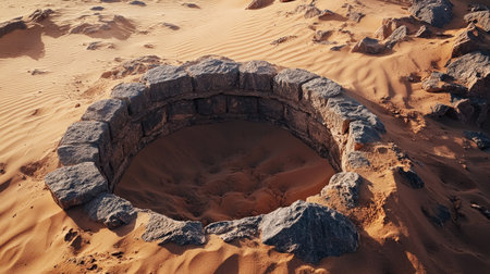 A circular stone well emerges from the sandy landscape of a desert, showcasing a blend of natural elements and the harsh beauty of arid environments.の素材