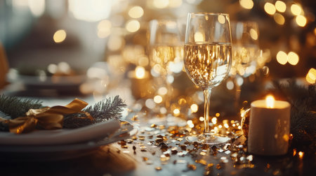 A beautiful holiday table setting featuring sparkling glasses, warm candlelight, and festive decorations, creating a cozy and joyful ambiance for celebrations.の素材