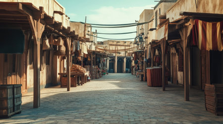 A serene desert marketplace showcasing traditional architecture, empty stalls, and cobblestone streets under a clear blue sky, perfect for cultural exploration.の素材