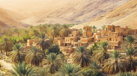 A tranquil desert village nestled among palm trees and mountains, bathed in warm sunlight. This picturesque landscape captures the essence of serenity and natureの素材