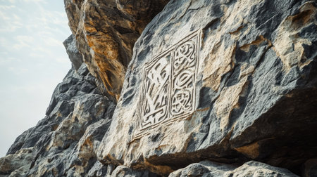 A striking image of an ancient carving set against a rugged rock surface, showcasing intricate details and a connection to history and nature.の素材