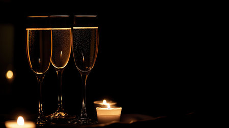 Three elegant champagne glasses glisten in soft candlelight, creating a warm and festive atmosphere perfect for celebrations and special occasions.の素材