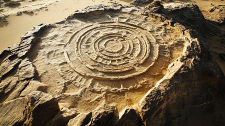Discover an ancient geoglyph etched into a desert landscape, showcasing intricate patterns and spirals formed through natural erosion and time.の素材