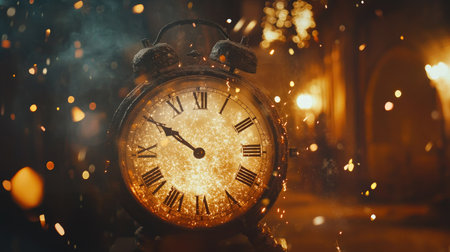 An antique clock surrounded by sparkling lights, capturing the essence of time in a warm and inviting atmosphere, perfect for artistic concepts.の素材
