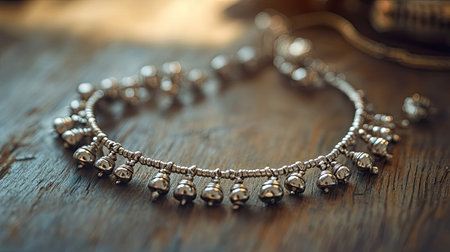 This elegant silver bracelet features delicate bells, showcasing fine craftsmanship on a rustic wooden surface. An artistic expression of beauty and tradition.の素材