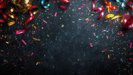 A vibrant festive background featuring colorful confetti and shiny ribbons, perfect for celebrations, parties, and joyful gatherings. Ideal for event themes.の素材