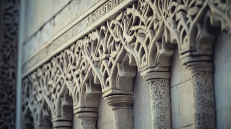 A close-up view of intricate stone carvings showcasing detailed artistry and craftsmanship on a building wall, highlighting historical architecture.の素材