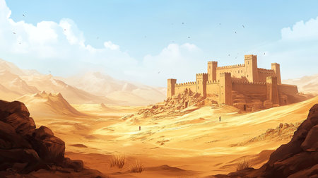 A stunning desert scene featuring a majestic castle surrounded by mountains and sand, inviting viewers to explore its ancient history and beauty.の素材