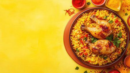 A vibrant plate of chicken biryani featuring tender meat, colorful rice, and a variety of spices, perfect for showcasing culinary traditions and flavors.の素材