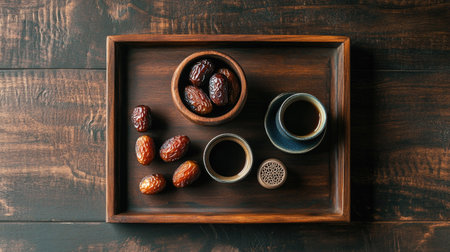A beautiful arrangement of fresh dates and coffee on a rustic wooden tray, showcasing a harmonious blend of flavors and textures in an inviting setting.の素材