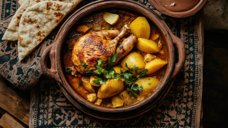A vibrant chicken curry served with tender potatoes and flatbread, showcasing rich spices and herbs. Perfect for a hearty meal or gathering.の素材
