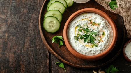 A vibrant yogurt dip served in a rustic bowl, accompanied by fresh cucumber slices and garnished with herbs, perfect for a healthy snack or appetizer.の素材