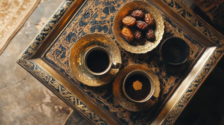 A beautifully arranged setting with two cups of coffee and a bowl of dates on an ornate tray, showcasing traditional elegance and cultural richness.の素材