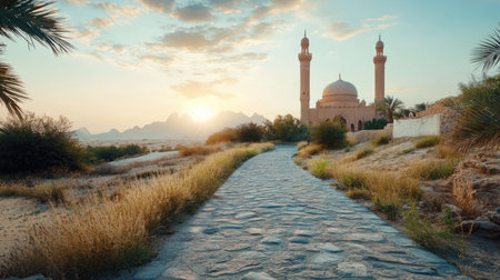 A beautiful sunset illuminates a winding path leading to a stunning mosque amid rocky mountains, creating a serene travel scene in nature's embrace.の素材