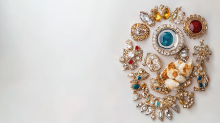 This image showcases a stunning collection of vintage jewelry featuring decorative brooches, earrings, and gemstones, highlighting exquisite craftsmanship and elegance.の素材